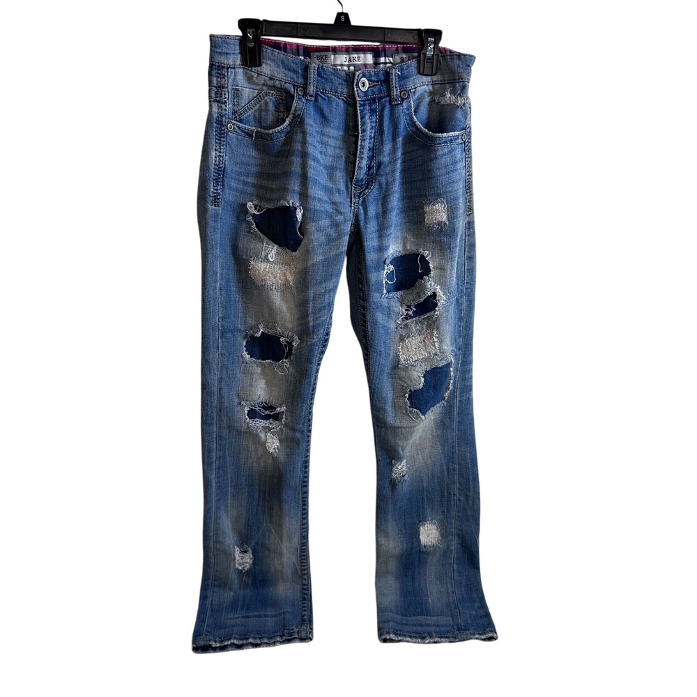 BKE Jake Jeans 31L Blue Distressed Patched Straight Leg Denim Mens